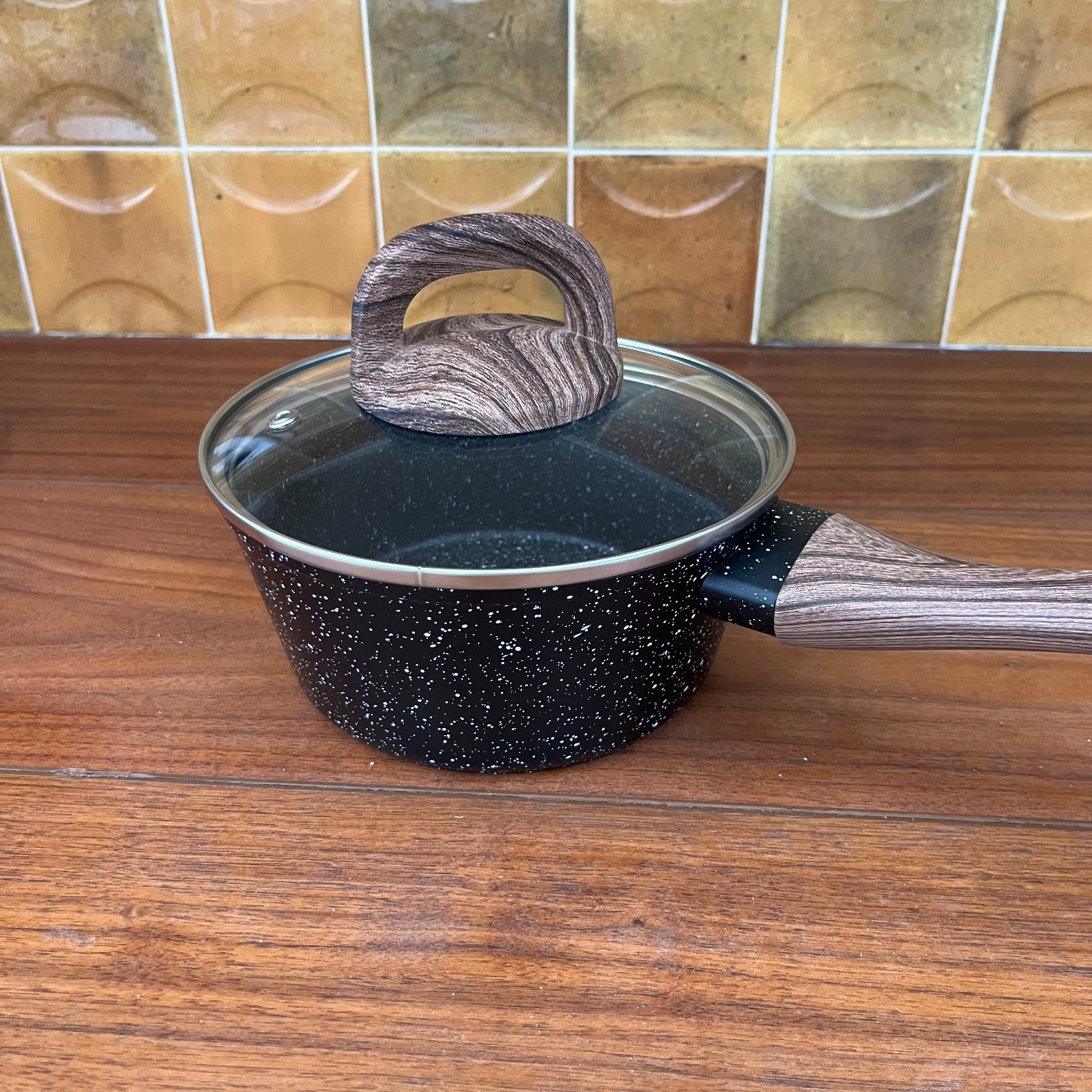 Black Speckled Aluminum Non-Stick 1.5 Quart Saucepan and Lid w/ Bakelite Handle