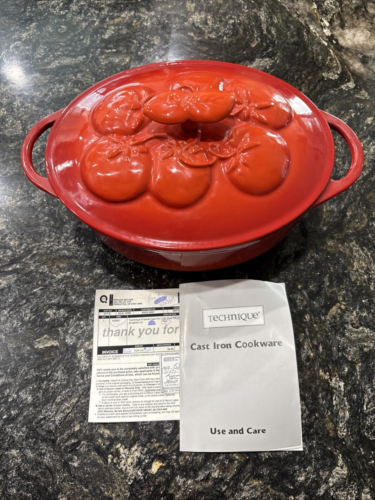 Technique 5 Quart Red Enameled Cast Iron Dutch Oven Covered Pot with Tomato Lid