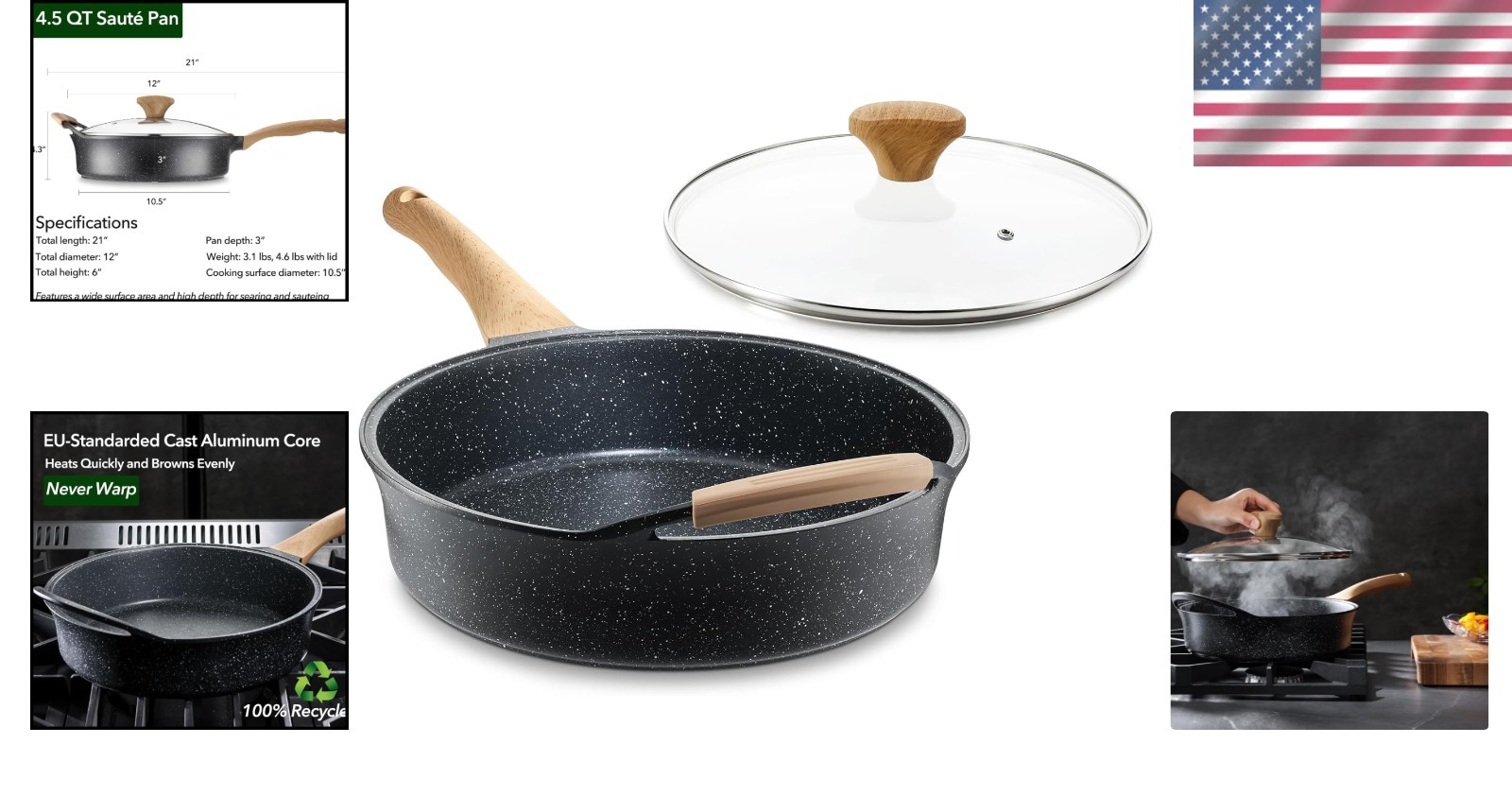 12 Inch Deep Nonstick Frying Pan with Lid 4.5 QT Swiss Granite Coating