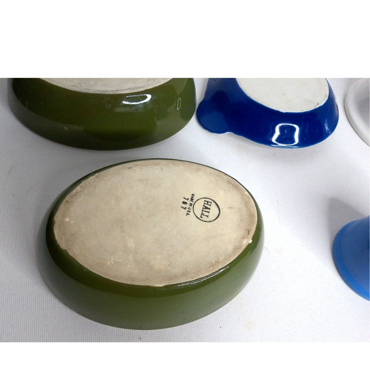 Vintage Mixed Set Hall Pottery Bakeware Green White Oval Dish Custard Cups Set 5