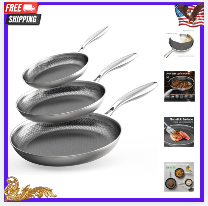 New 3Pc Stainless Steel Nonstick Frying Pan Set 8 10 12in Induction