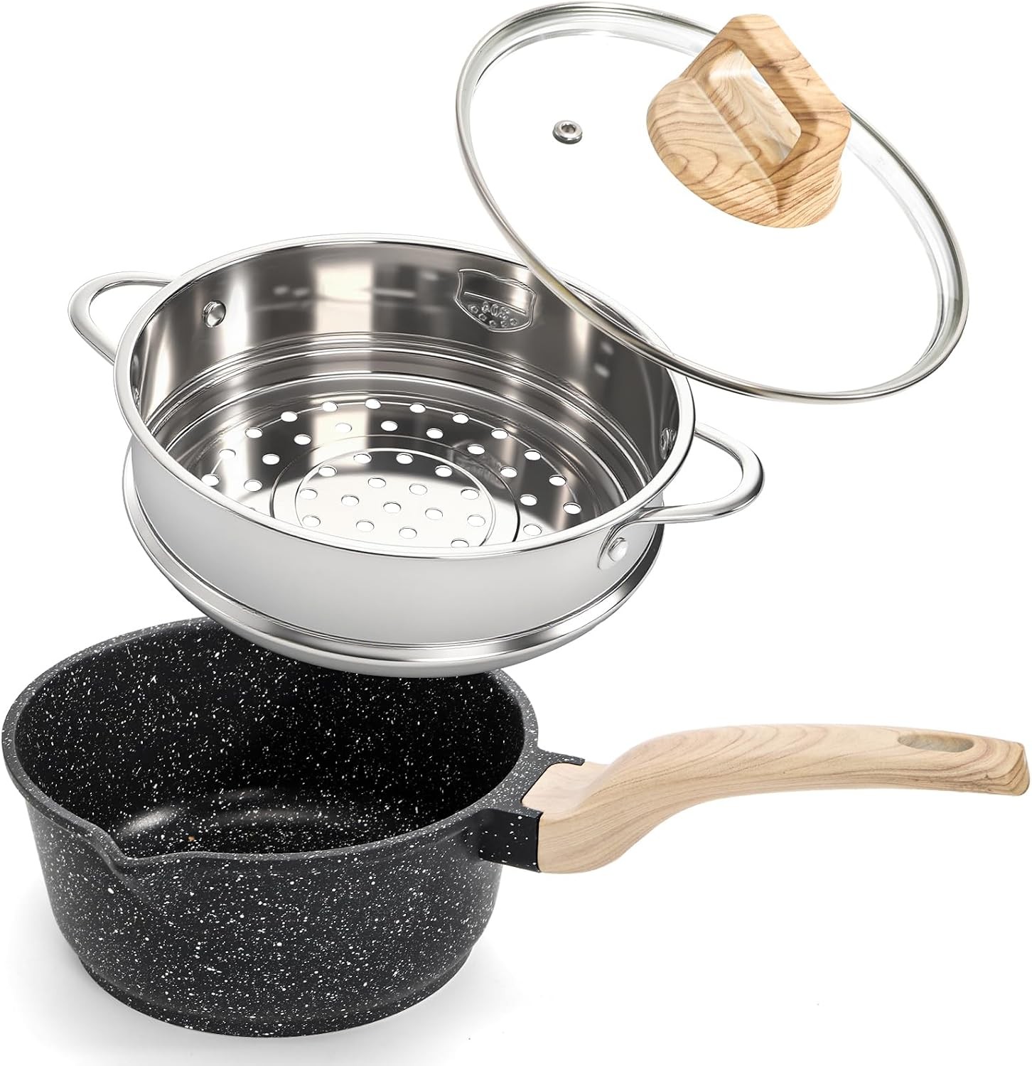 2 Quart Nonstick Saucepan with Lid & Steamer Basket, Small Nonstick Saucepan