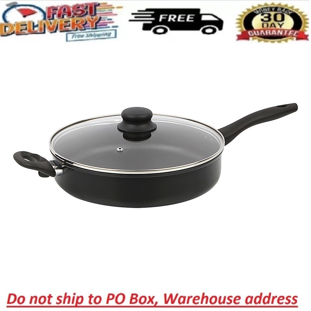 Large Deep Frying Pan With Glass Lid Non Stick Saute Fry Pan 2 Handle 4 QT