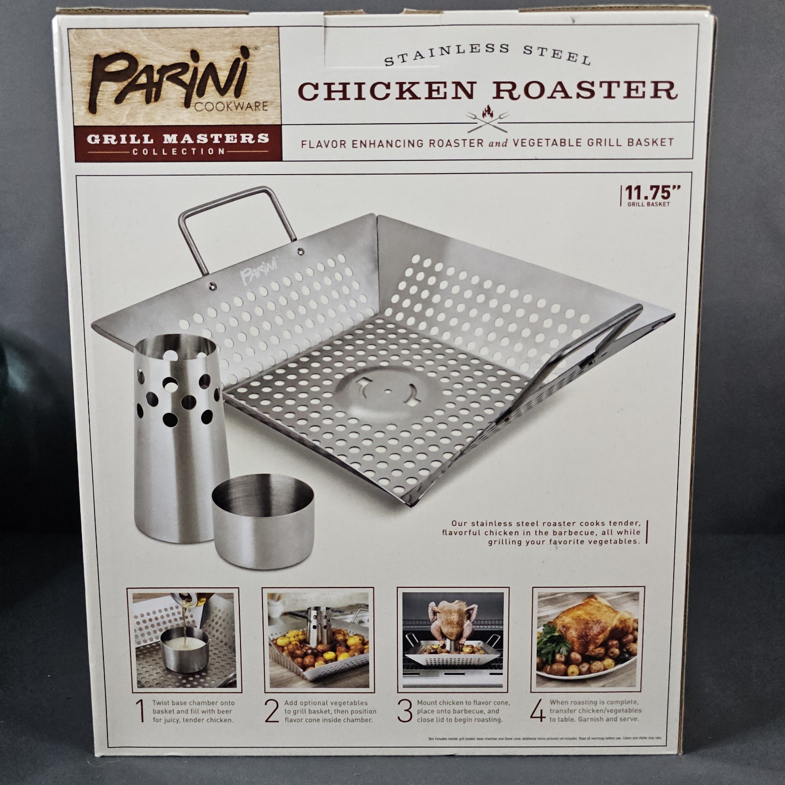 Parini Cookware Stainless Steel Chicken Roaster Grill Basket 11.75″ New & Sealed