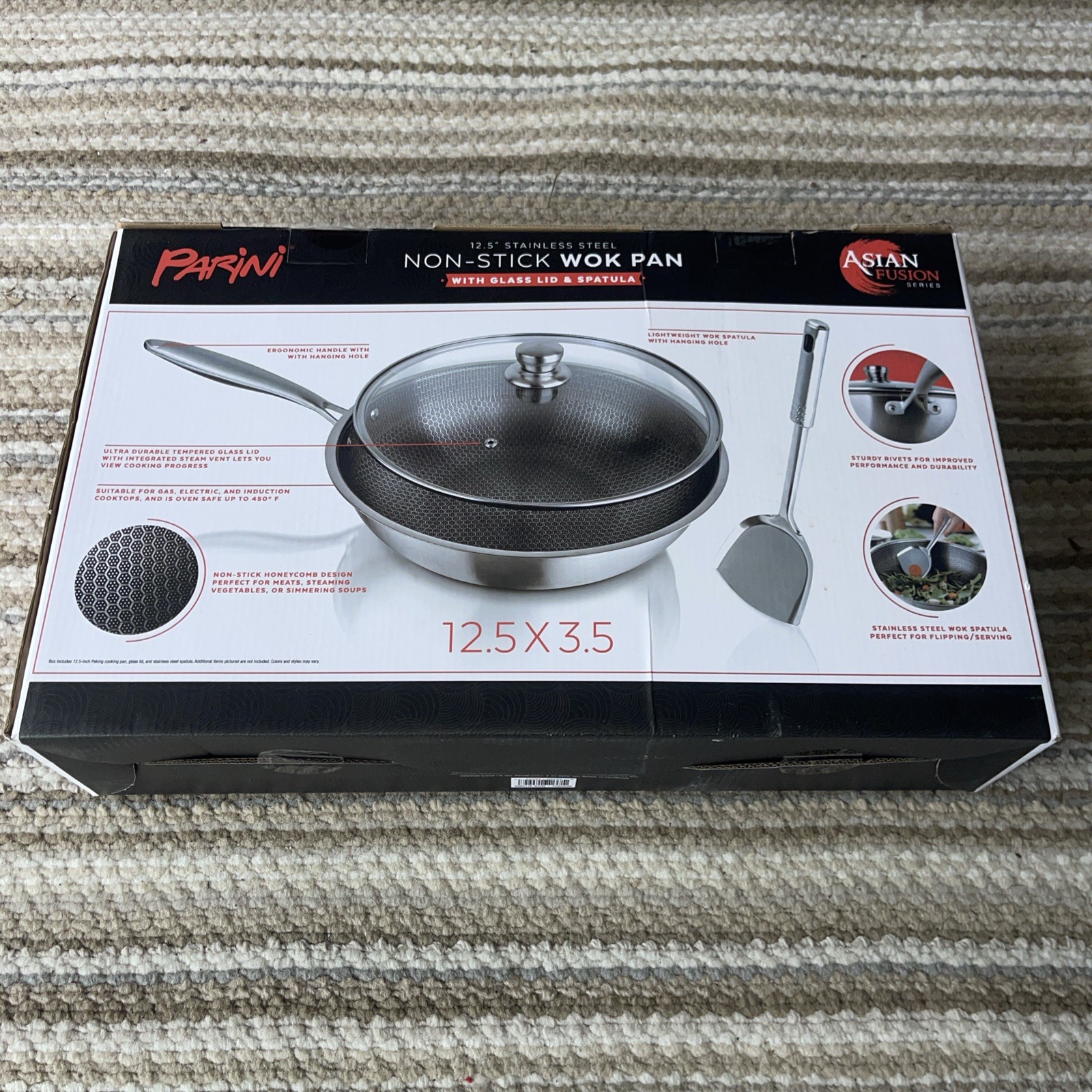 Parini 12.5″ Stainless Steel Non-Stick WOK Pan W/Glass Lid & Spatula New In Box