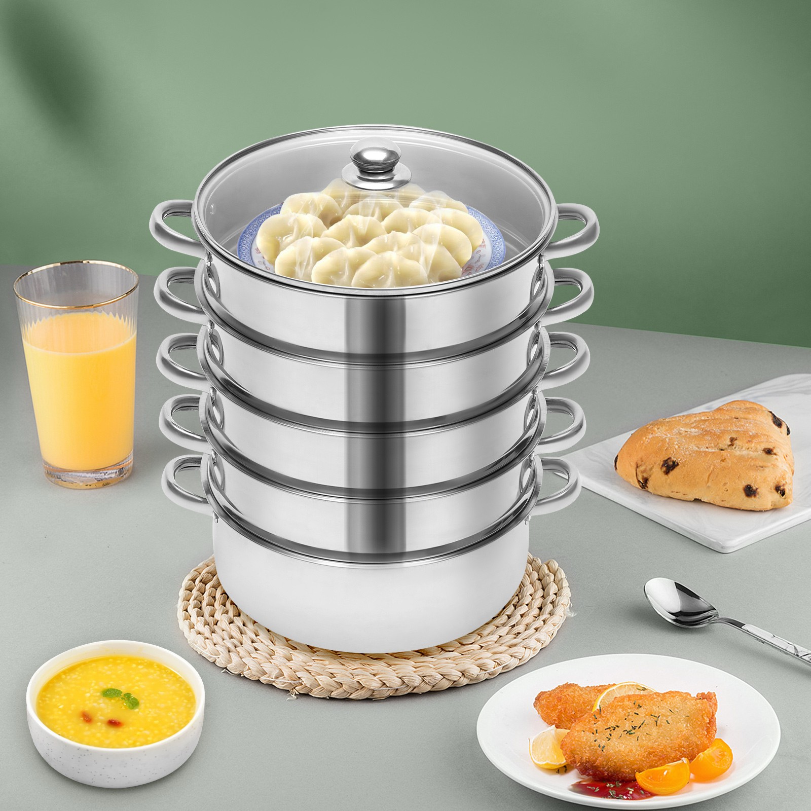 5-Tier Dumpling Steamer Stainless Steel Steamer Pot With Lid Steaming Basket