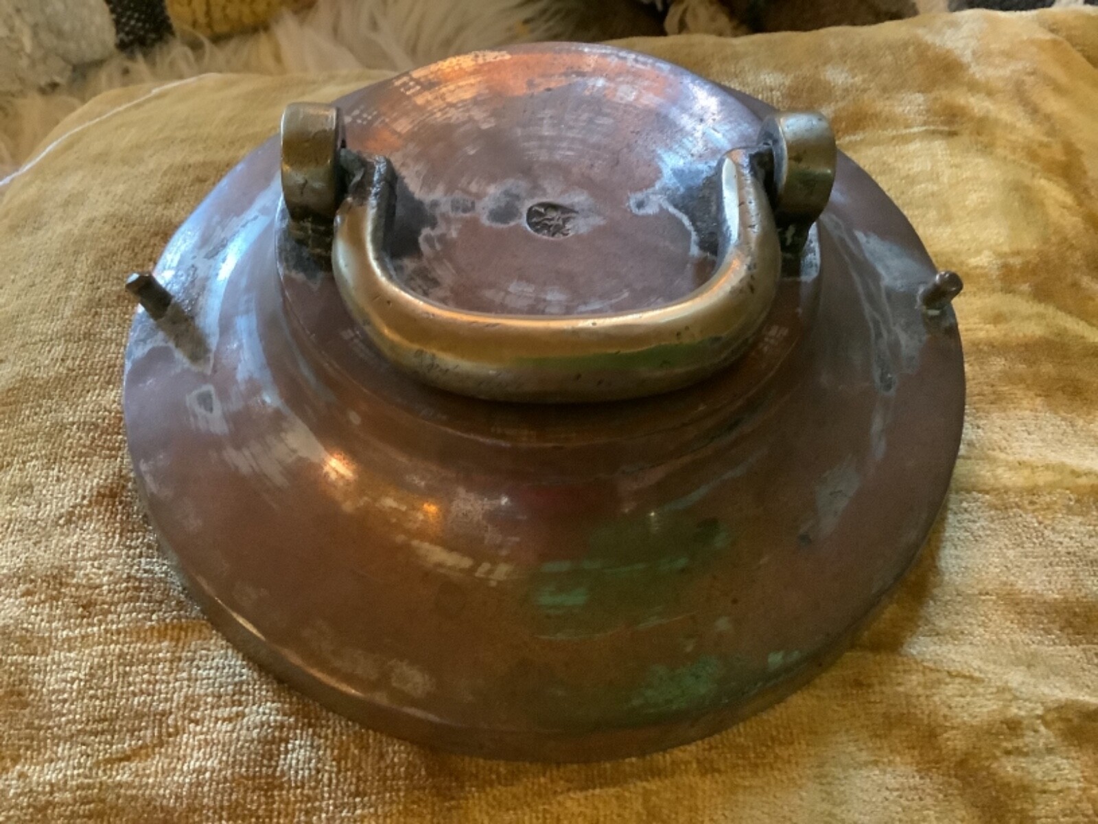 Vintage Copper pot pan Tin-Lined Brass Handle Lid Only