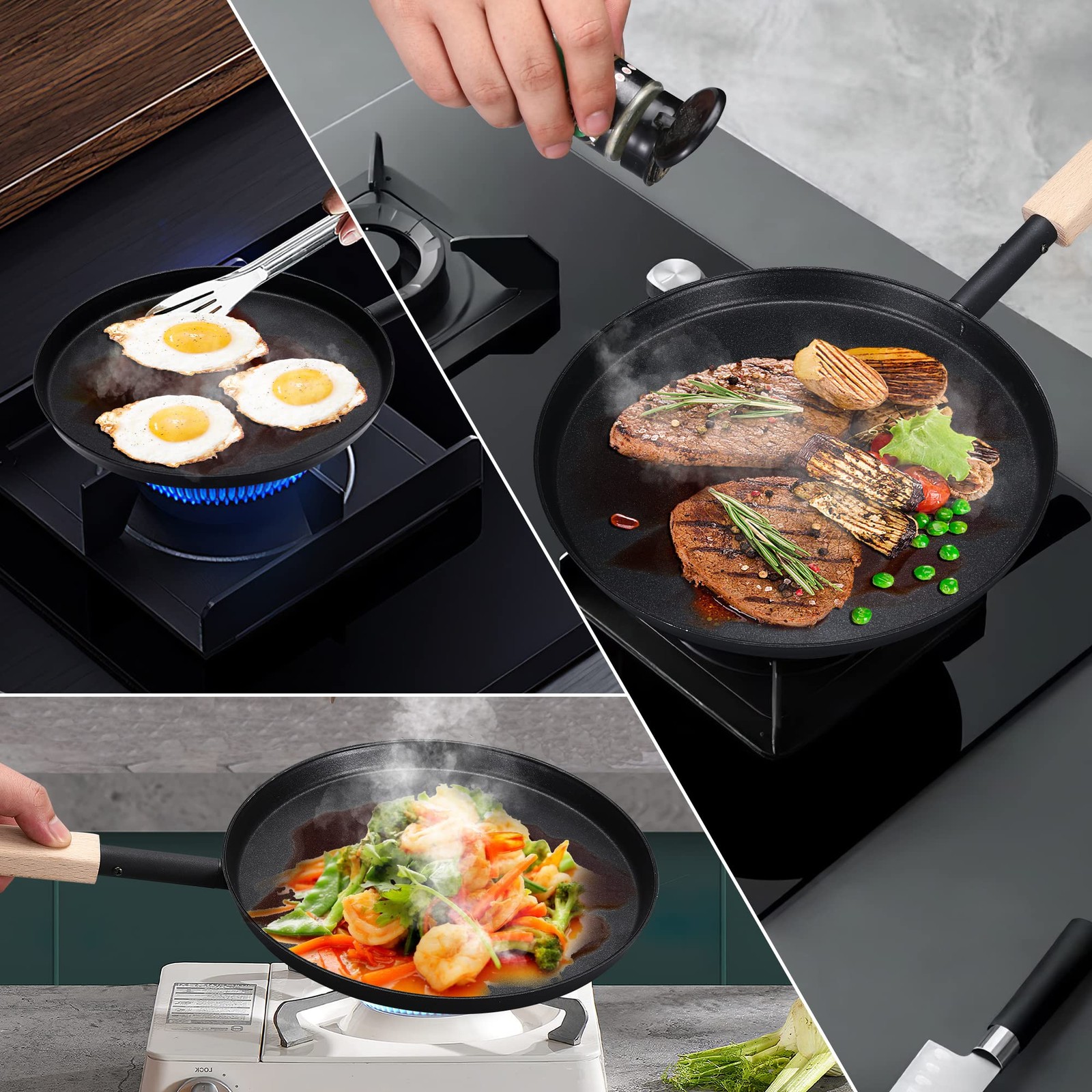 Frying Pan Skillet 8inch Flat Griddle Pan Lightweight Grill Pan With Wooden Hand