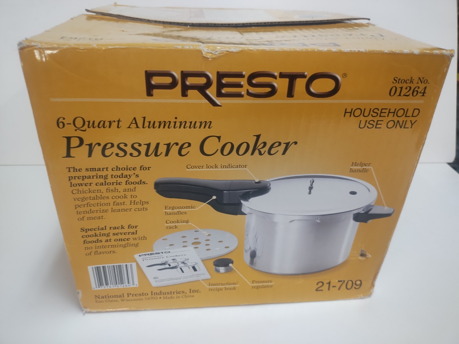 Presto 6 Quart Aluminum Pressure Cooker, Regulator,Cover Lock, Silver. 01264 NEW