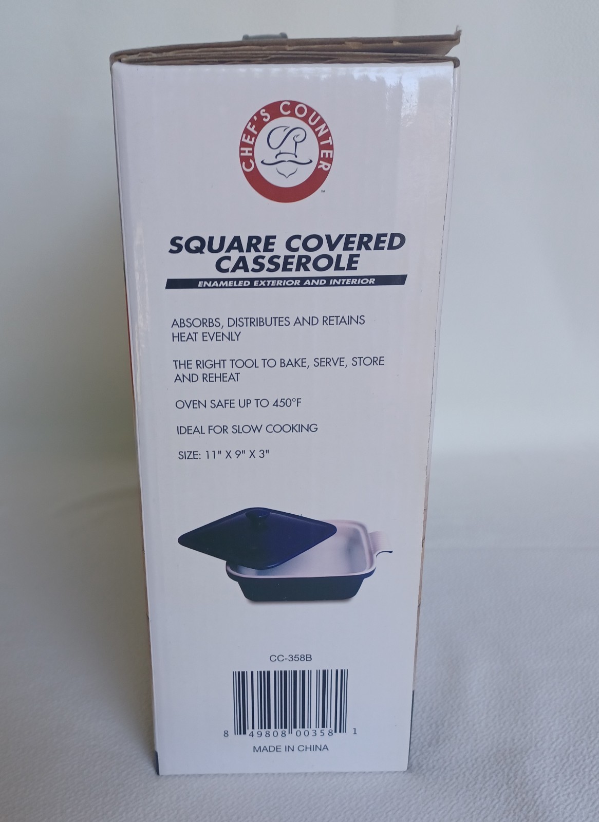 Chef’s Counter Square Covered Casserole 1.5 Qt Blue Enameled Exterior 11″x9″x3″