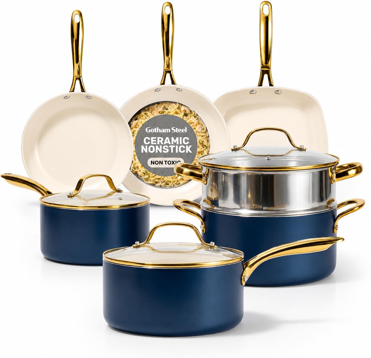 Gotham Steel 12 Pc Ceramic Cookware Set Nonstick, 12 Set, Navy Gold