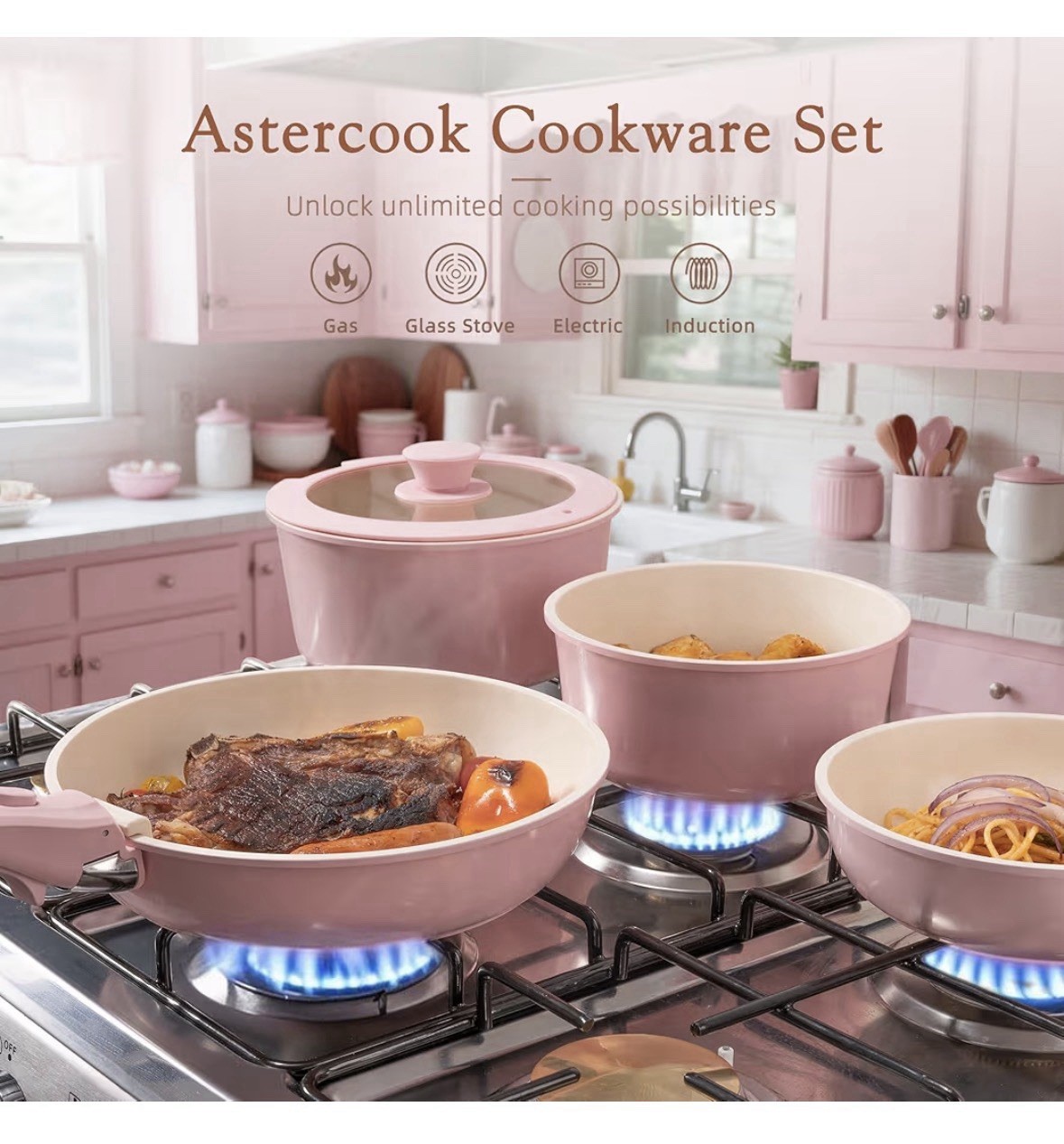 Astercook 20-Piece Ceramic Pots and Pans Set, Nonstick Cookware Set Pink