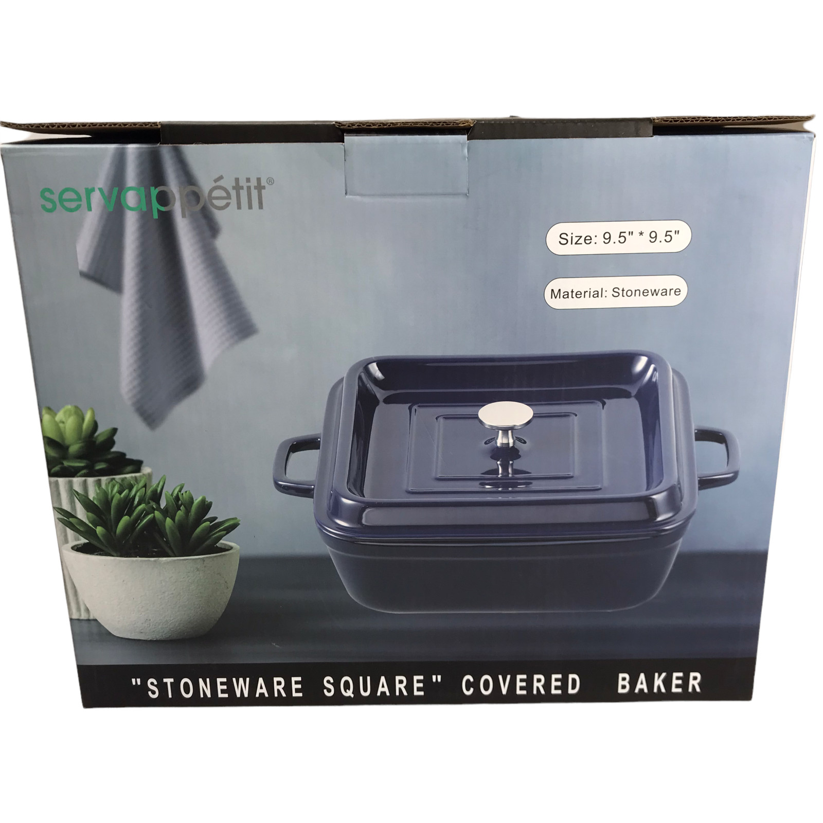 Servappetit Stoneware Covered Baker Blue 9.5″ Sq Baking Casserole Dish