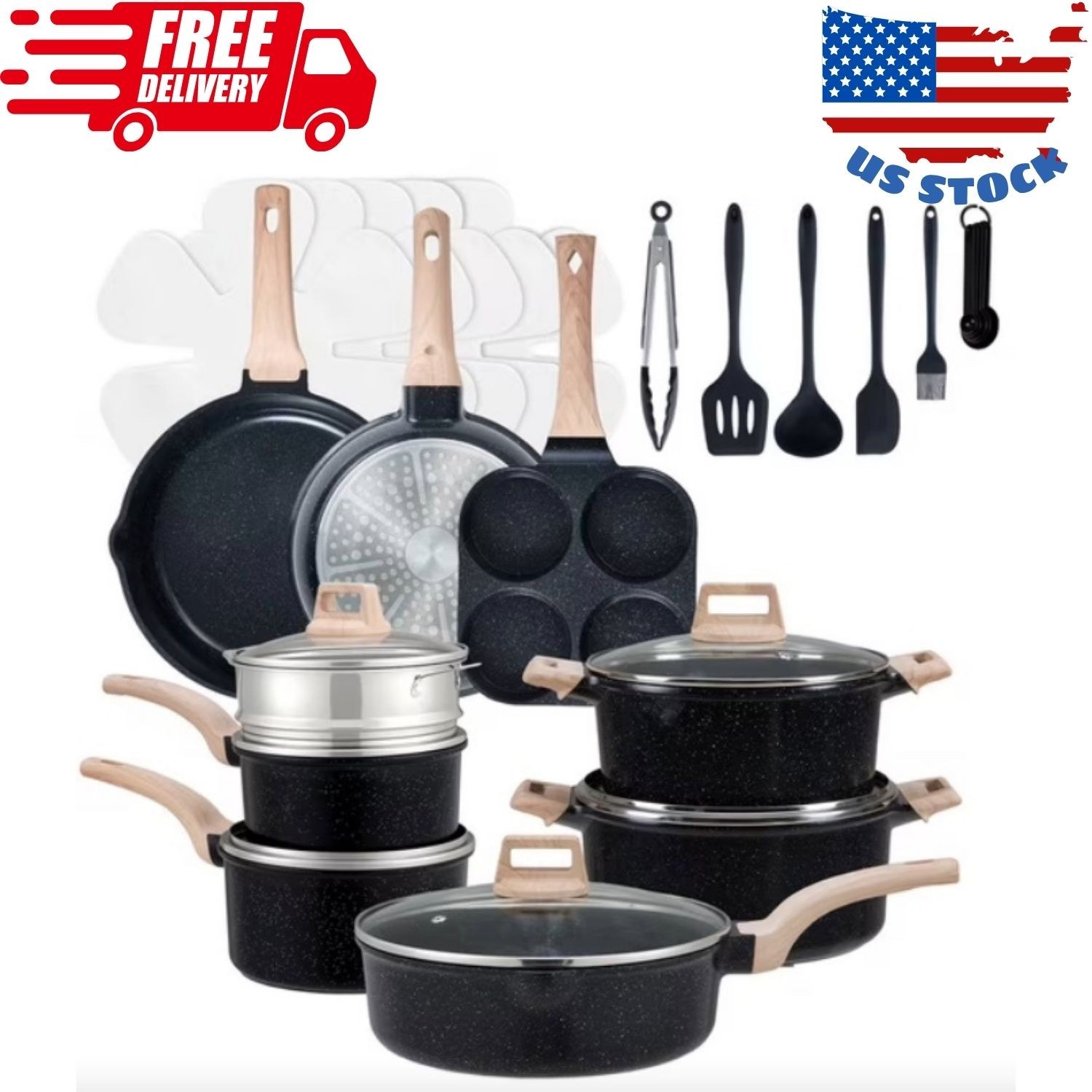 25 Pcs Non-Stick Pots and Pans, Non-toxic Kitchen Cooking Set, Stay-Cool Handles