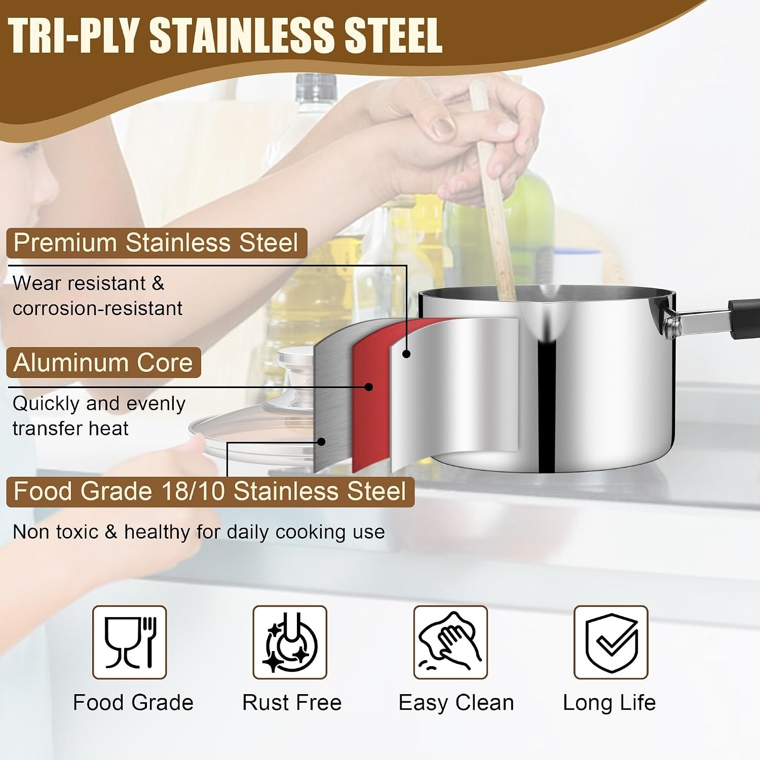 1 Quart Sauce Pan with Lid, Stainless Steel Tri-Ply All Clad Small Cooking Pot