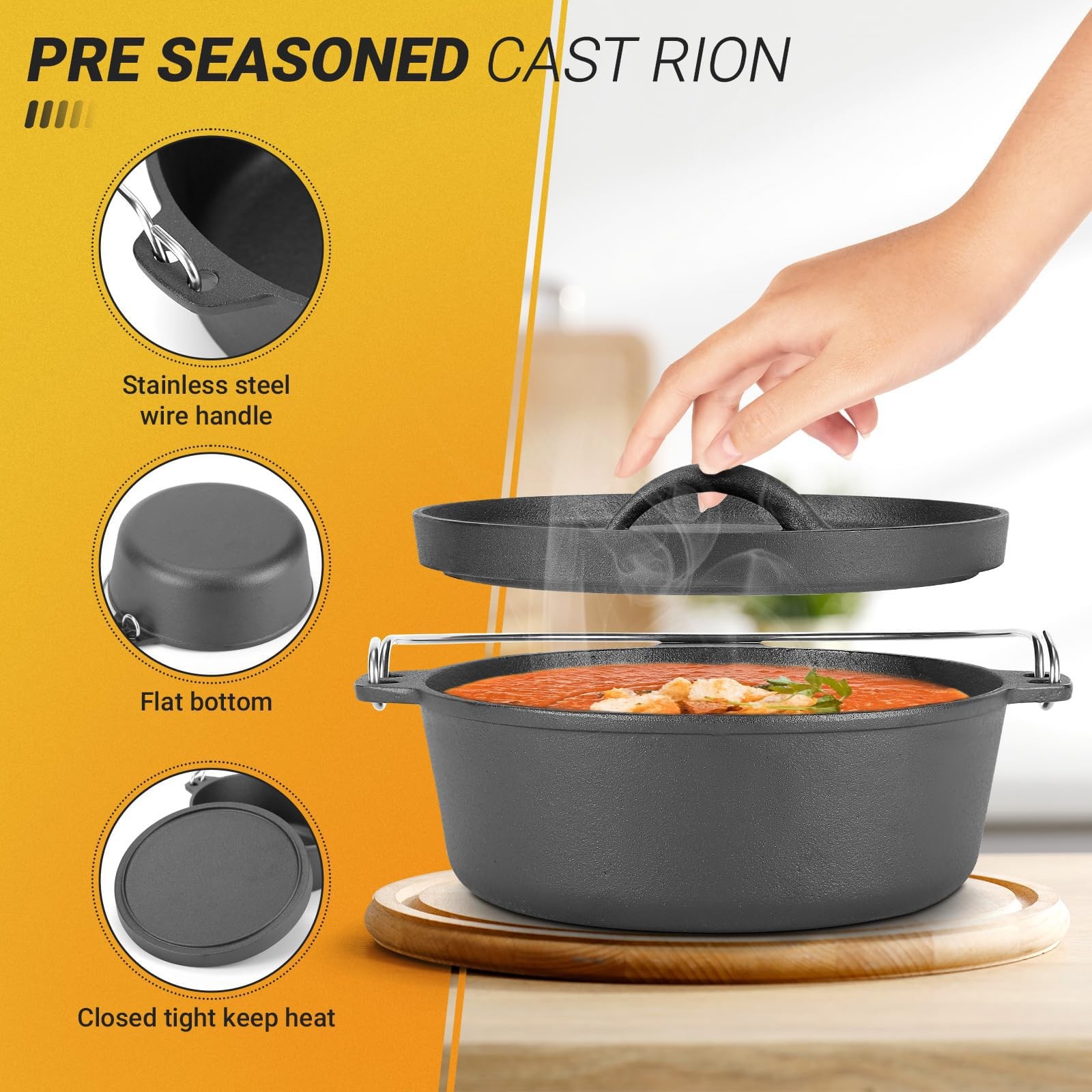Northriver Casting Cast Iron Dutch Oven Pot with Lid, for Small 1.5QT, Black