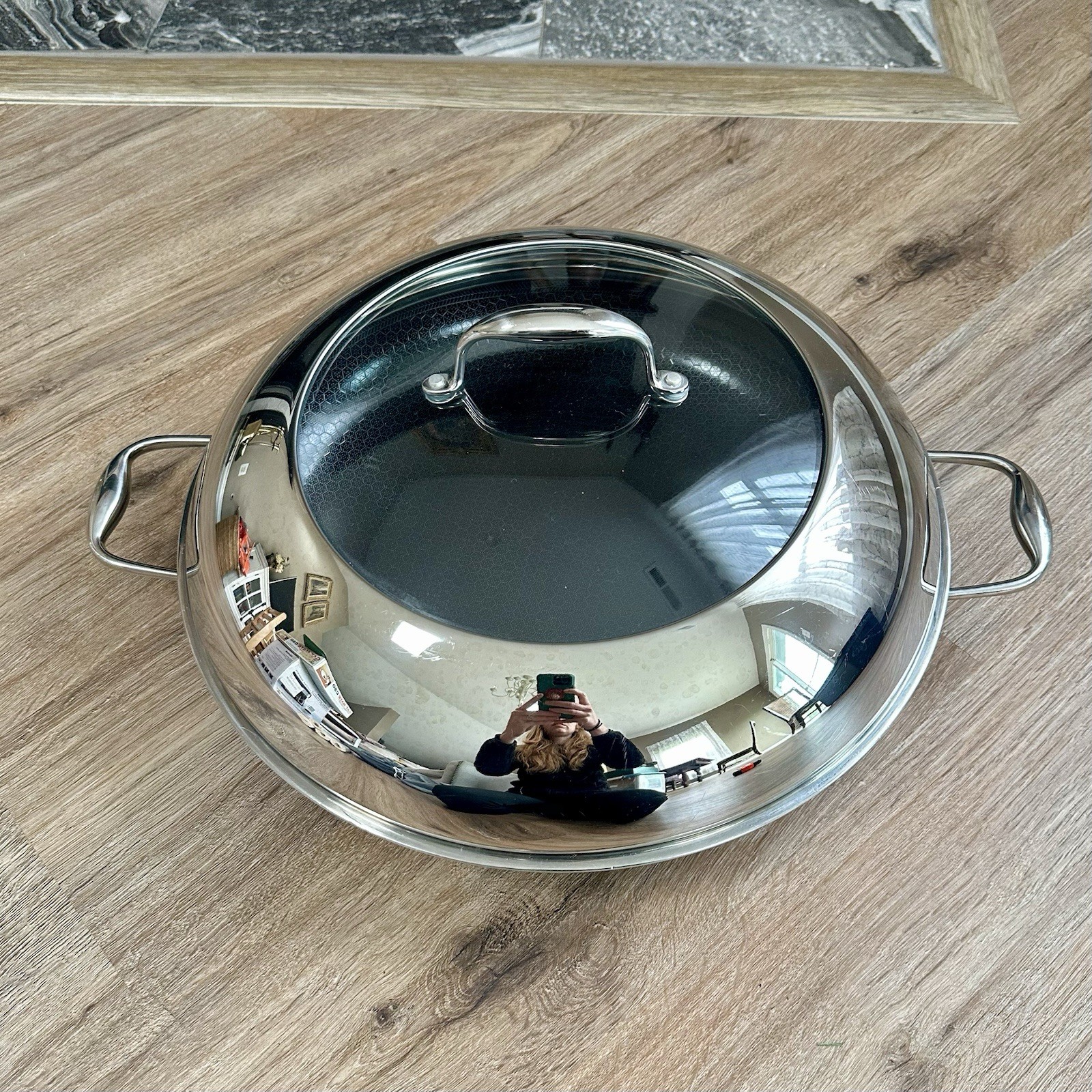 HexClad Hybrid Nonstick 14″ Frying Pan, Stainless Steel Lid Skillet Used #8730
