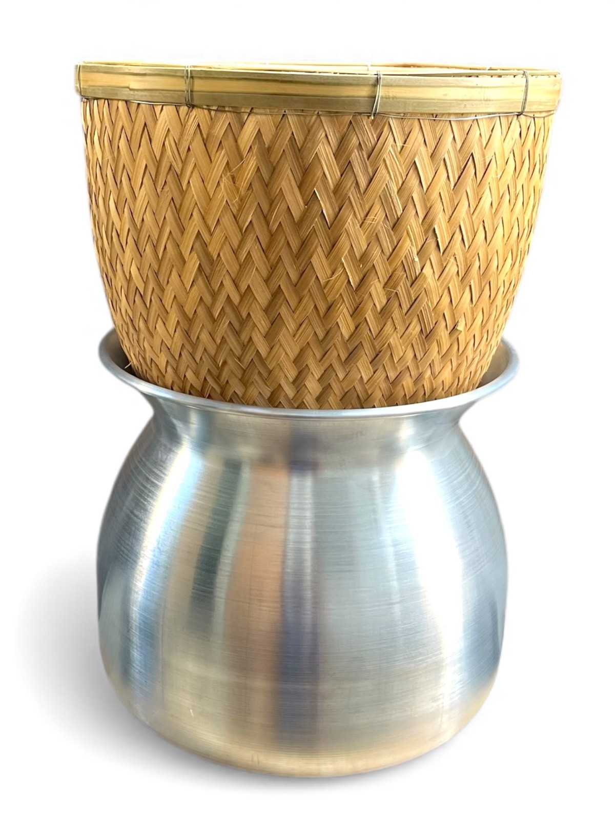 Thai Sticky Rice Steamer Set 2 pcs | 24 cm Aluminum Pot + 26 cm Bamboo Basket |