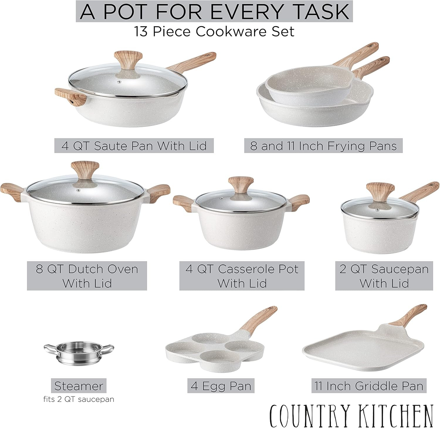 Durable Non-Stick Cast Aluminum 13-Pc Cookware Set for Everyday Cooking