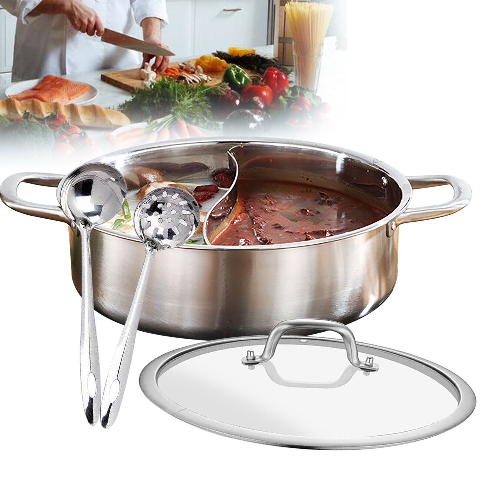 28/32cm Stainless Steel Shabu Shabu Dual Sided Cooking Soup Hot Pot with Lid