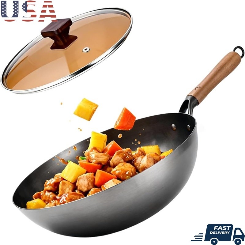 Traditional Carbon Steel Wok Gas Stovetops Pre-Seasoned Cooking Pot W/ Lid New