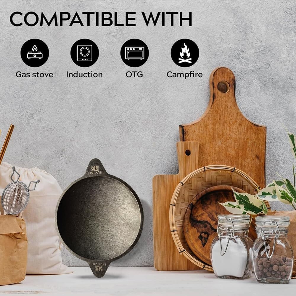 Livevie Cast Iron Appam Pan Rough Surface, Works on Induction,Electric Coil, Gas