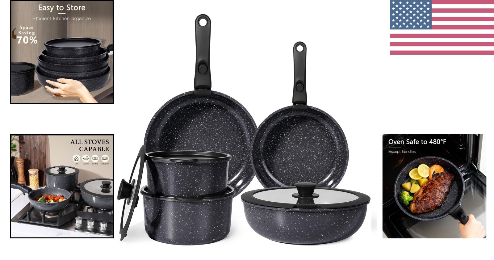 Compact 11-Piece Ceramic Nonstick Cookware Set Ideal for RVs & Small Kitchens