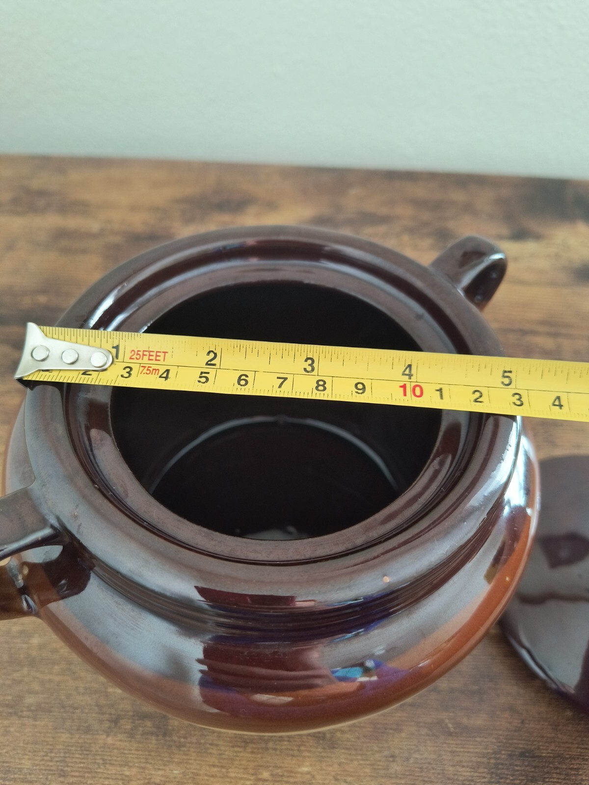 Baked Beans Double Handle 3-tone Brown Stoneware Pottery Pot with Lid, No Chips