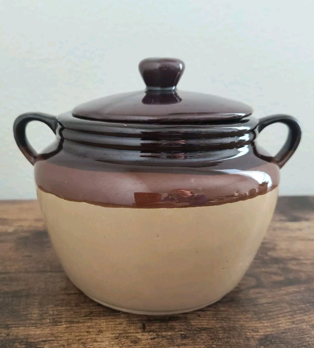 Baked Beans Double Handle 3-tone Brown Stoneware Pottery Pot with Lid, No Chips