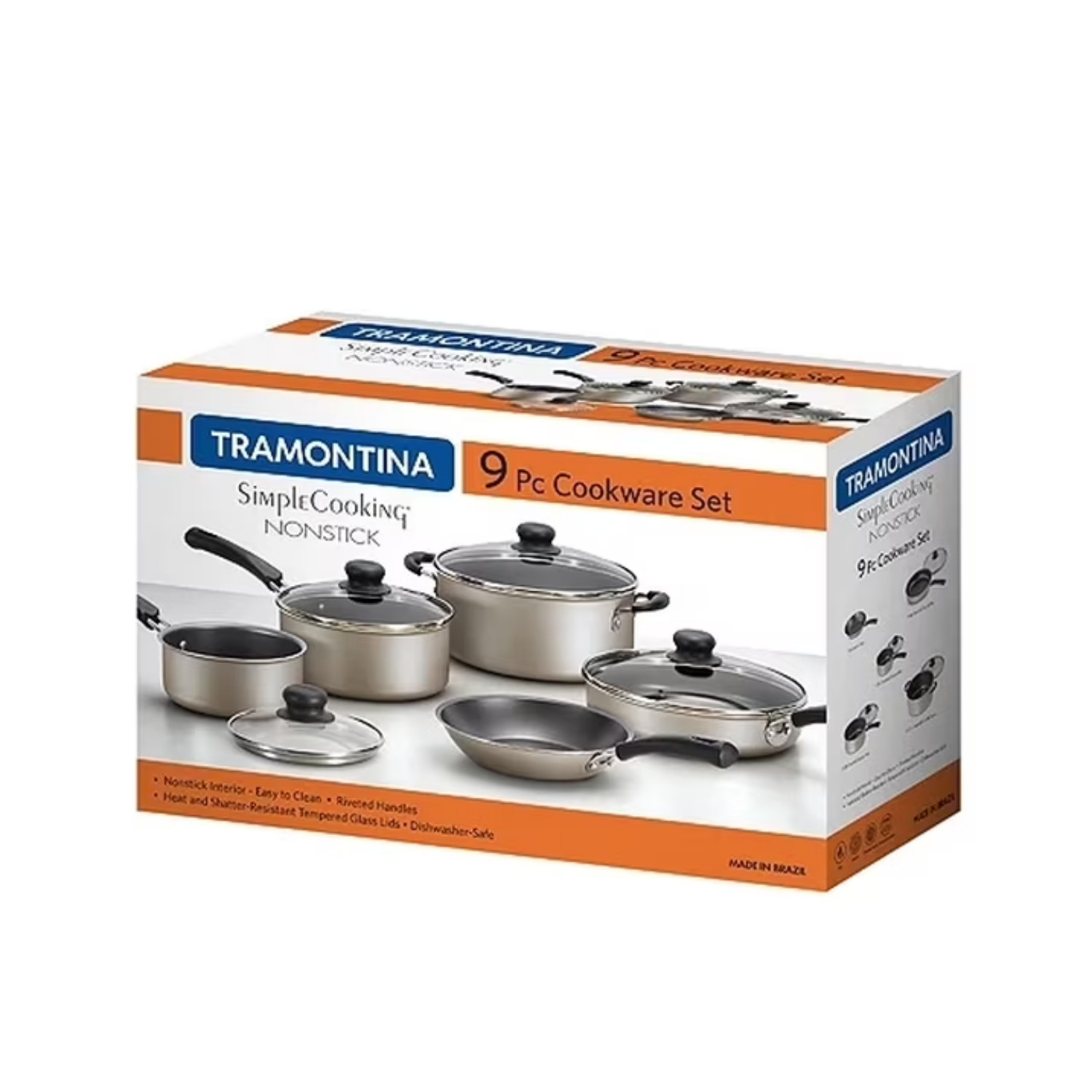 Tramontina 9 Piece Nonstick Cookware Set Pots and Pans Kitchen Cooking Champagne
