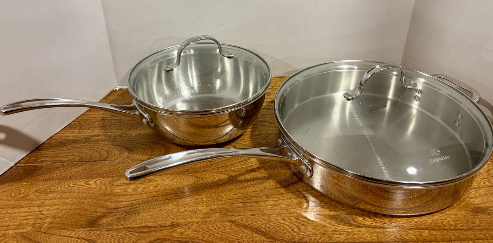 Calphalon 5005-5Qt & 143-3Qt Stainless Steel Fry/Sauce Pan Skillets, Pots W/Lid