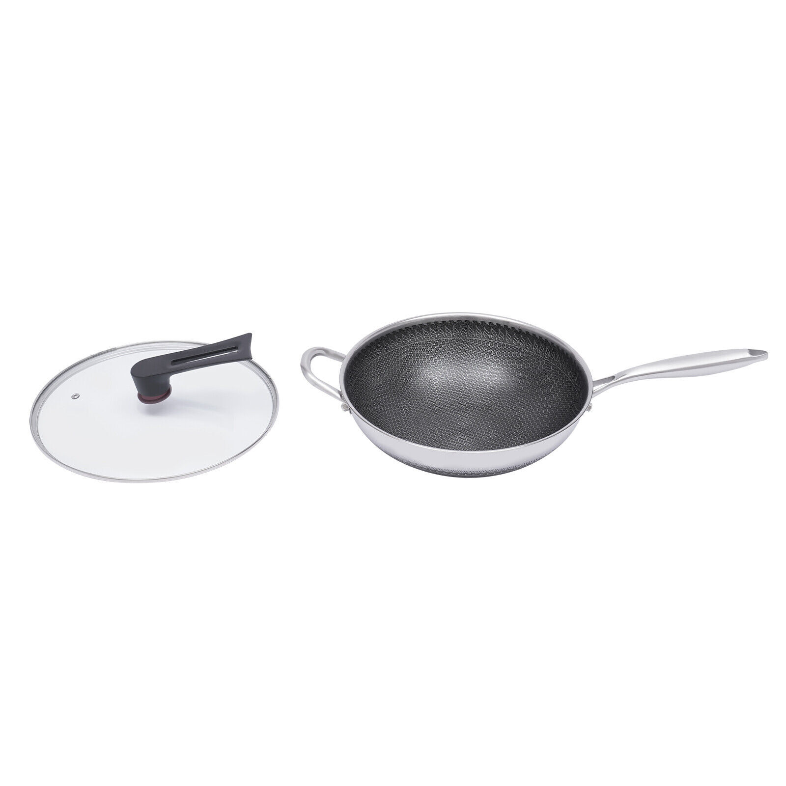 Non Stick Double Sided Honeycomb Cooking Frying Wok Pan with Lid Stainless Steel