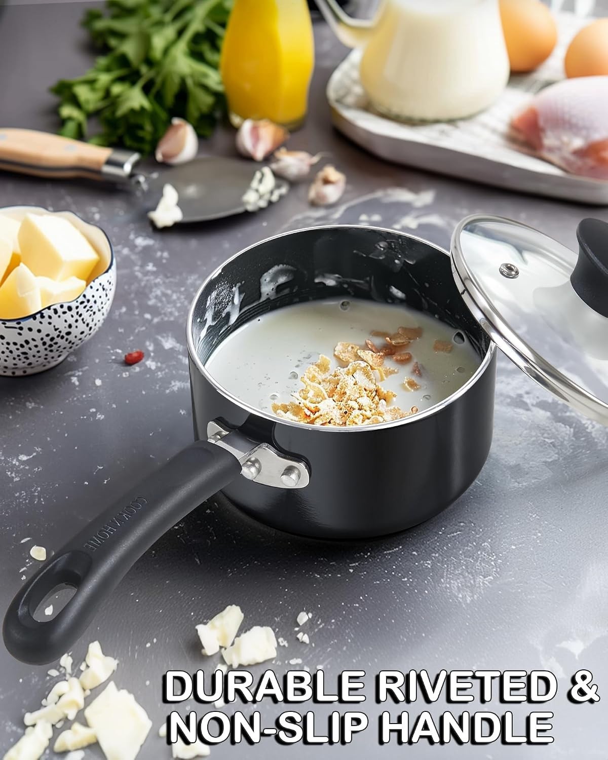 Basic 3 Quart Nonstick Saucepan with Glass Lid, Non Stick Aluminum Sauce Pan,…