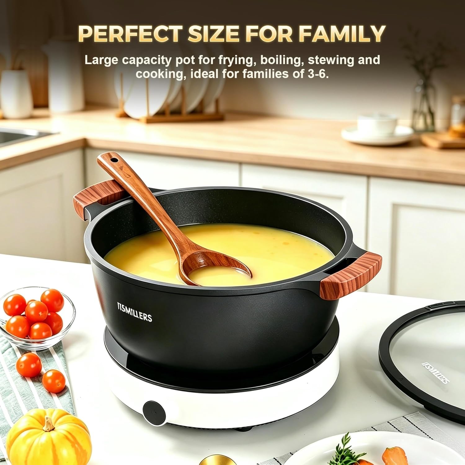 Nonstick Stock Pot, 6.5 Qt Soup Stock Pot with Strainer Lid, Induction Cooking