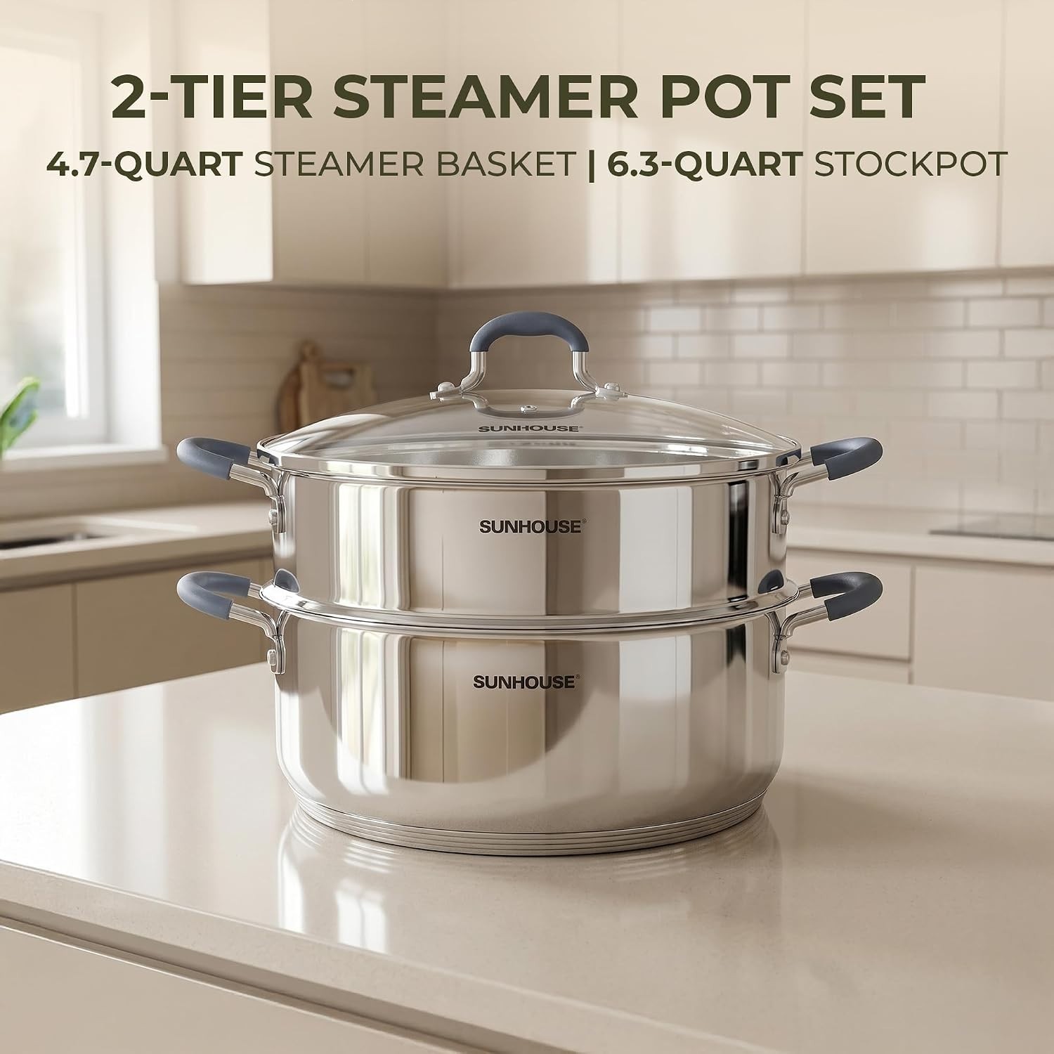 6.3Qt Stainless Steel Steamer Pot 2 Tier w/Glass Lid Induction