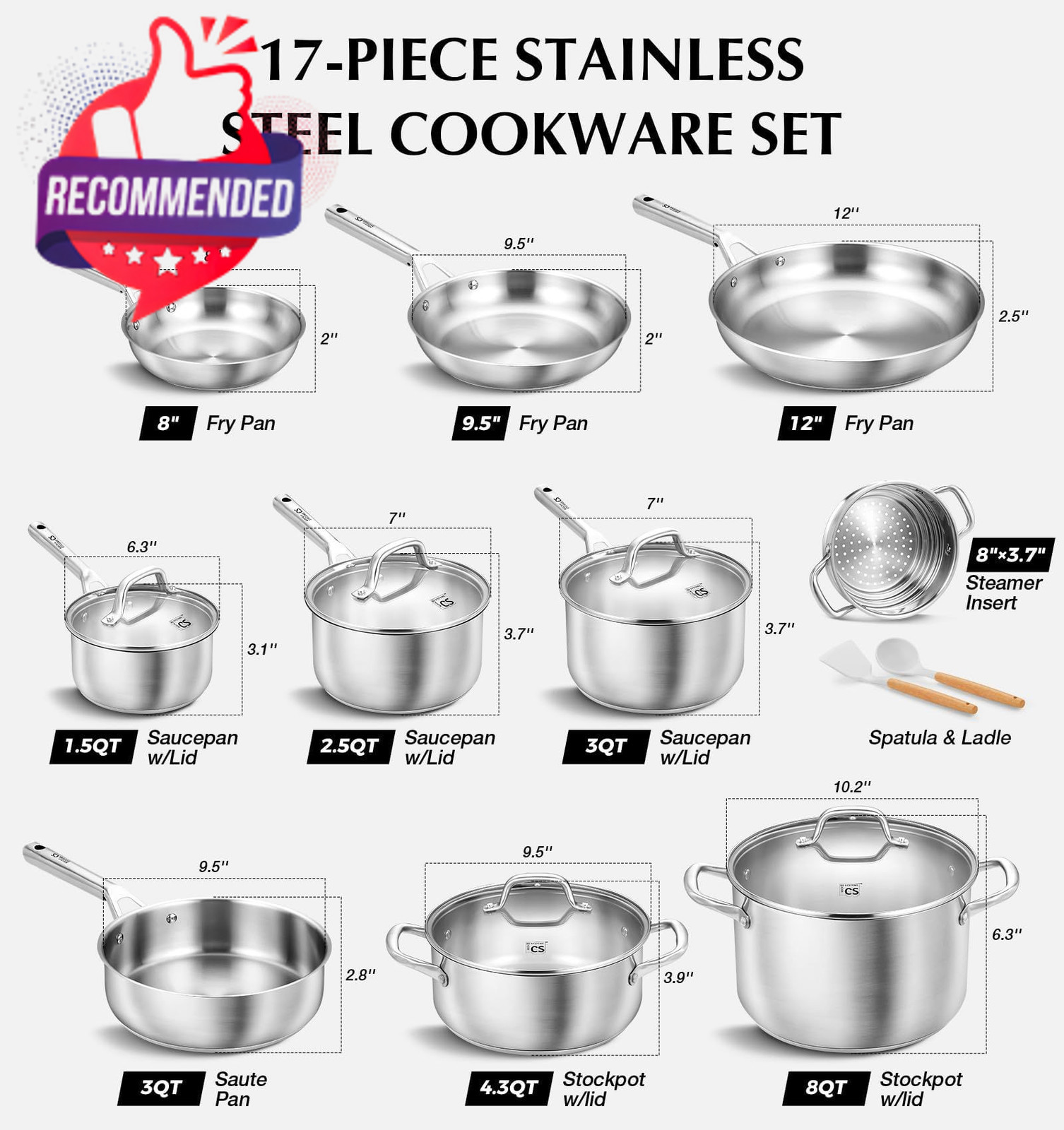 Stainless Steel Cookware Set 17 Piece, Professional 18/10 Stianless Steel Pots