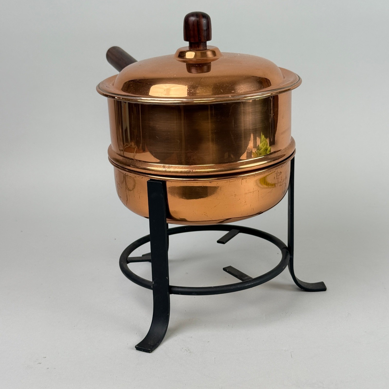 Vintage Copper Double Boiler Pot with Wood Handle and Stand Fondue Set