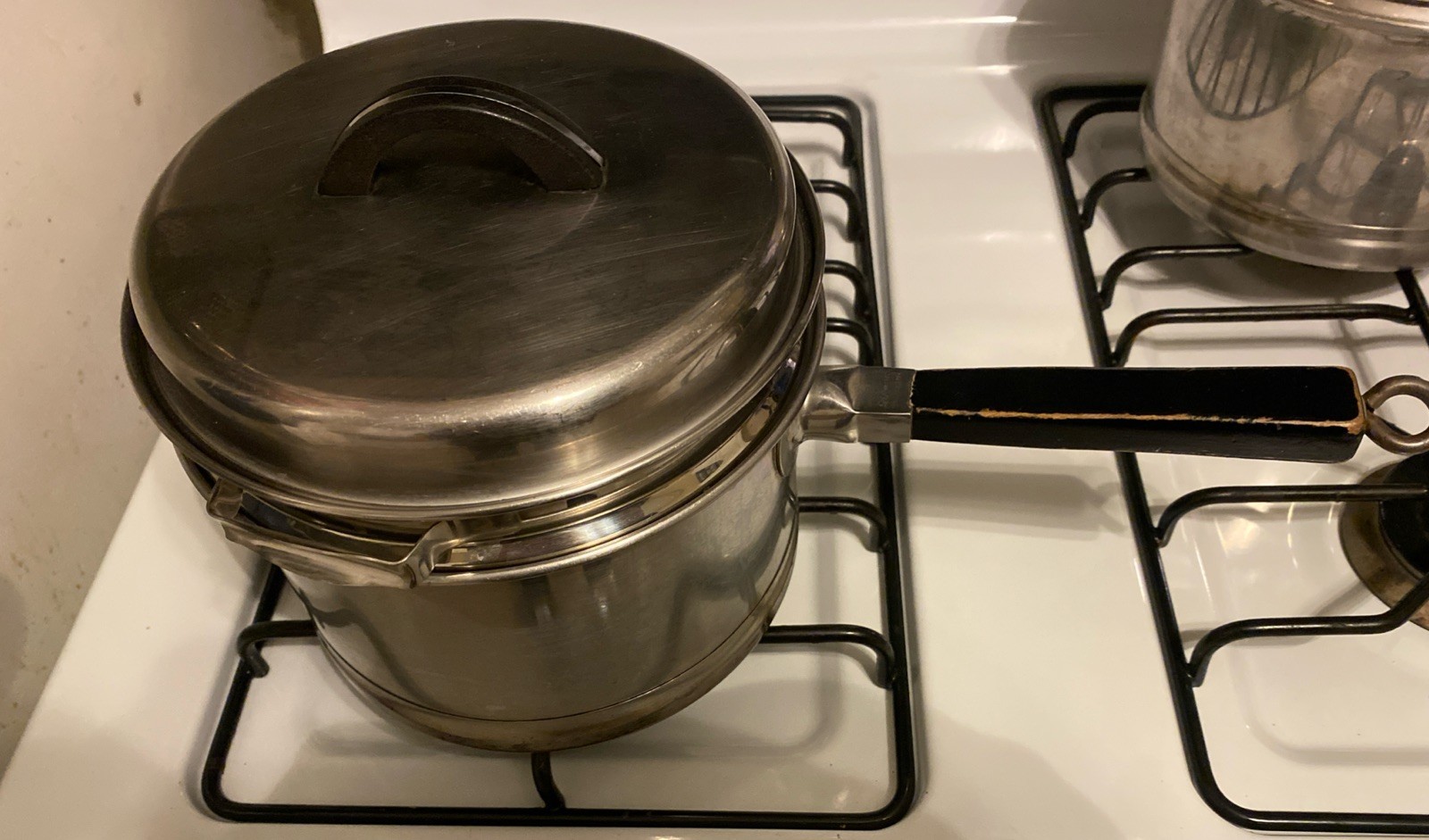 VINTAGE LIFETIME STAINLESS STEEL SAUCE PAN Steamer & Lid 1950s Wood Handle