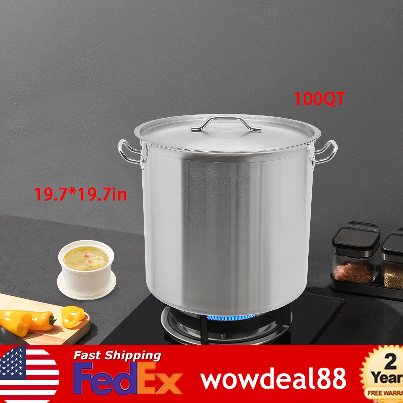 100 Quart Large Stock Pot Stainless Steel w/ Lid for Restaurant Kitchen Cooking