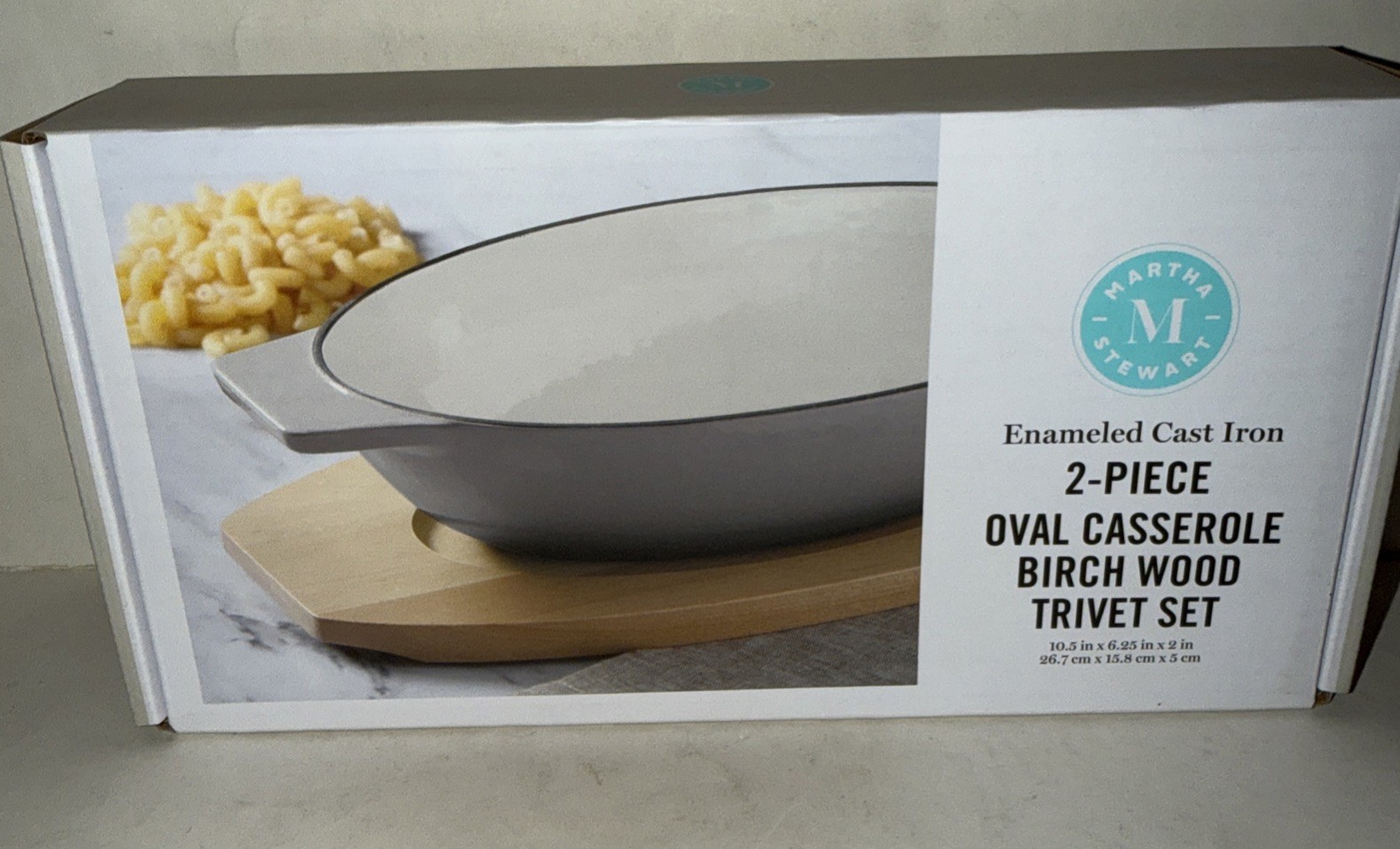 NEW Martha Stewart 2- Piece Enamaled Cast Iron Oval Casserole W/ Birch Trivet