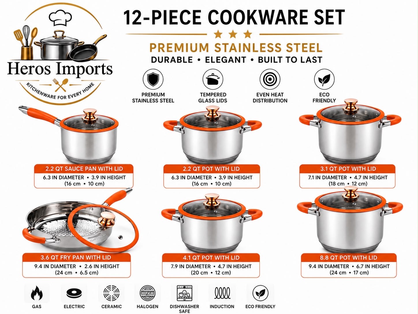 12-Piece Stainless Steel Cookware Set Induction Ready GALES PREMIUM-ORANGE