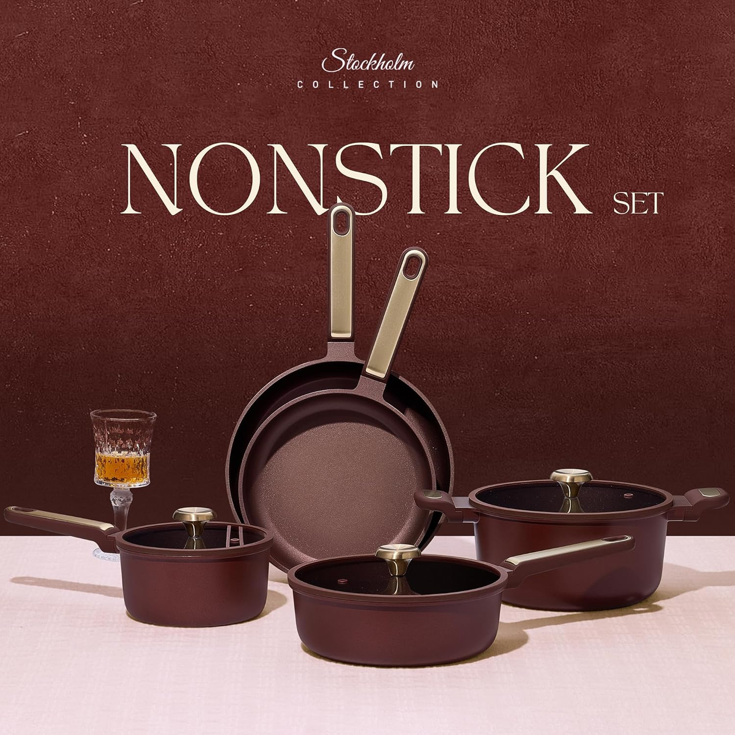 14-Piece Nonstick Cookware Set – PFOA-Free, Wine Red, Dishwasher Safe