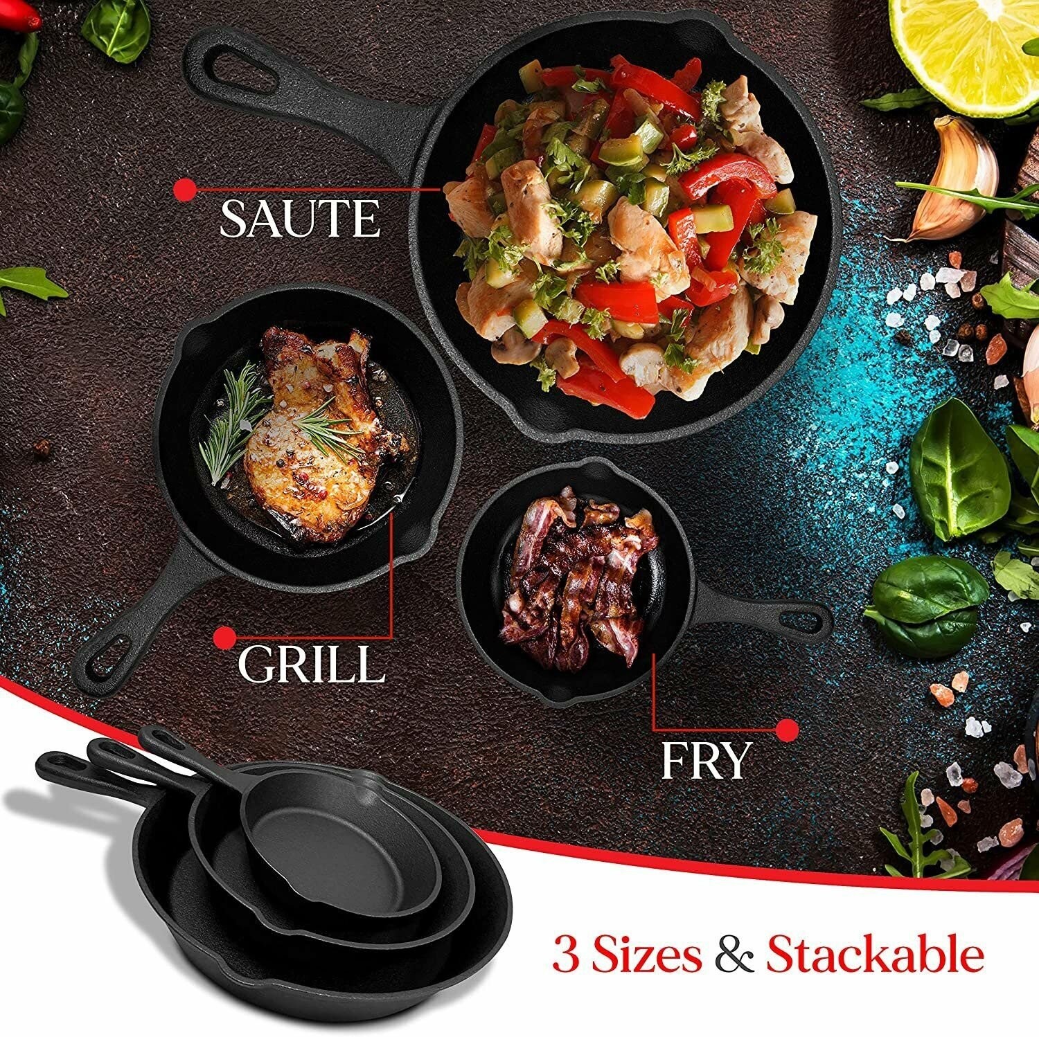 NutriChef 3-Piece Pre-Seasoned Cast Iron Skillet Set 6/8/10in Nonstick