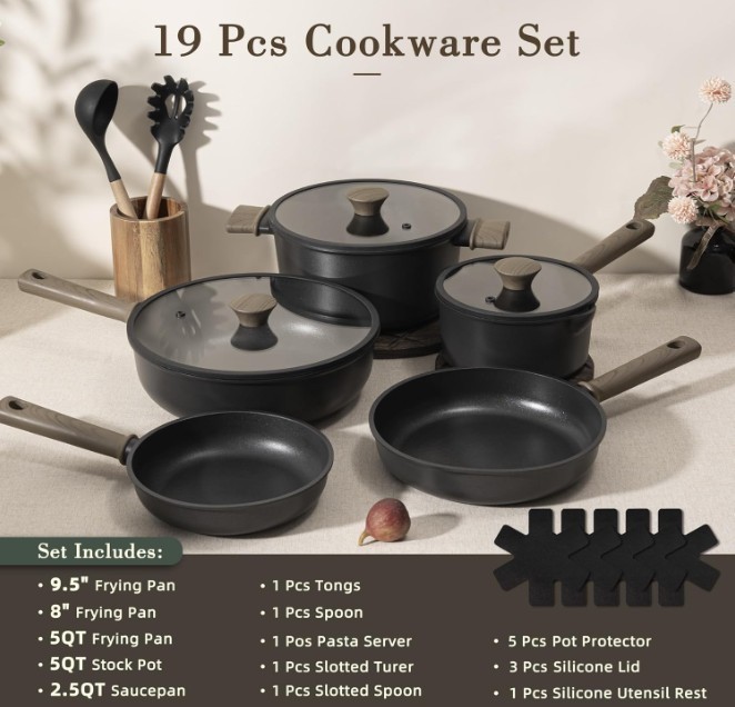 Astercook Non-Stick Pots and Pans Set, Healthy Non-Toxic Kitchen Set 19PCS