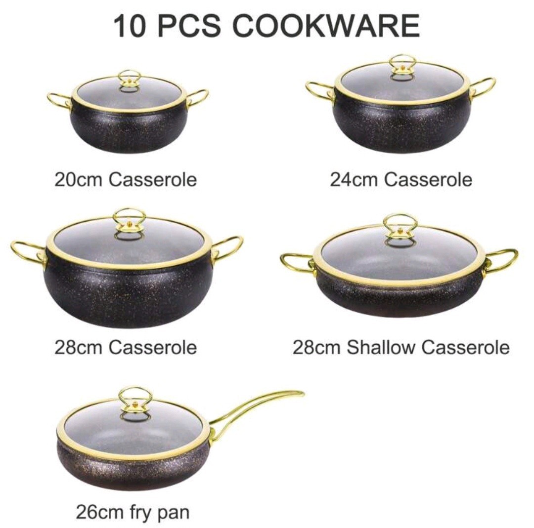 10-Piece Nonstick Metal Cookware Pan Set w/ Lids, Black/Gold, Gas, 20-28cm