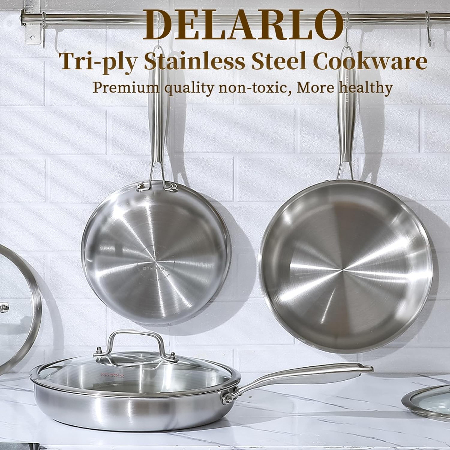 DELARLO Kitchen Whole Body Tri-Ply Stainless Steel Frying Pan, 12 inch,Stainless
