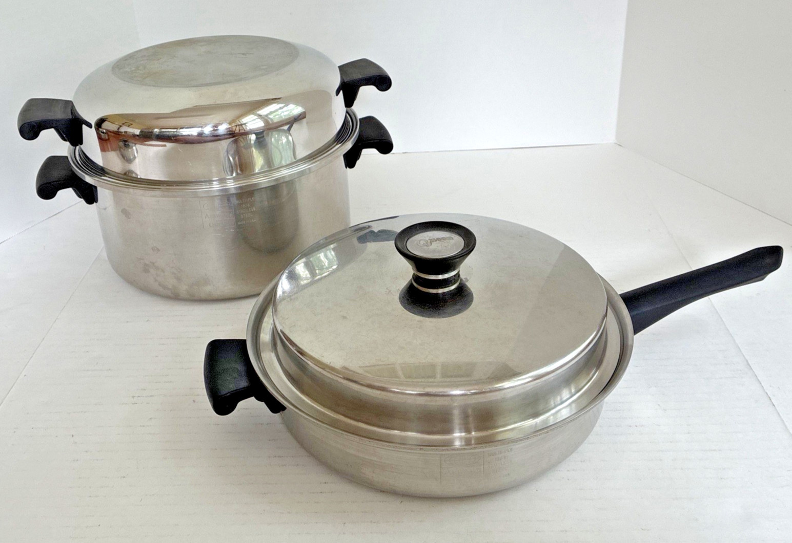 5 PC Amway QUEEN 18 8 SS Multi Ply 6qt Stock Pot Dome 11″ Fry Pan Lid Egg Insert