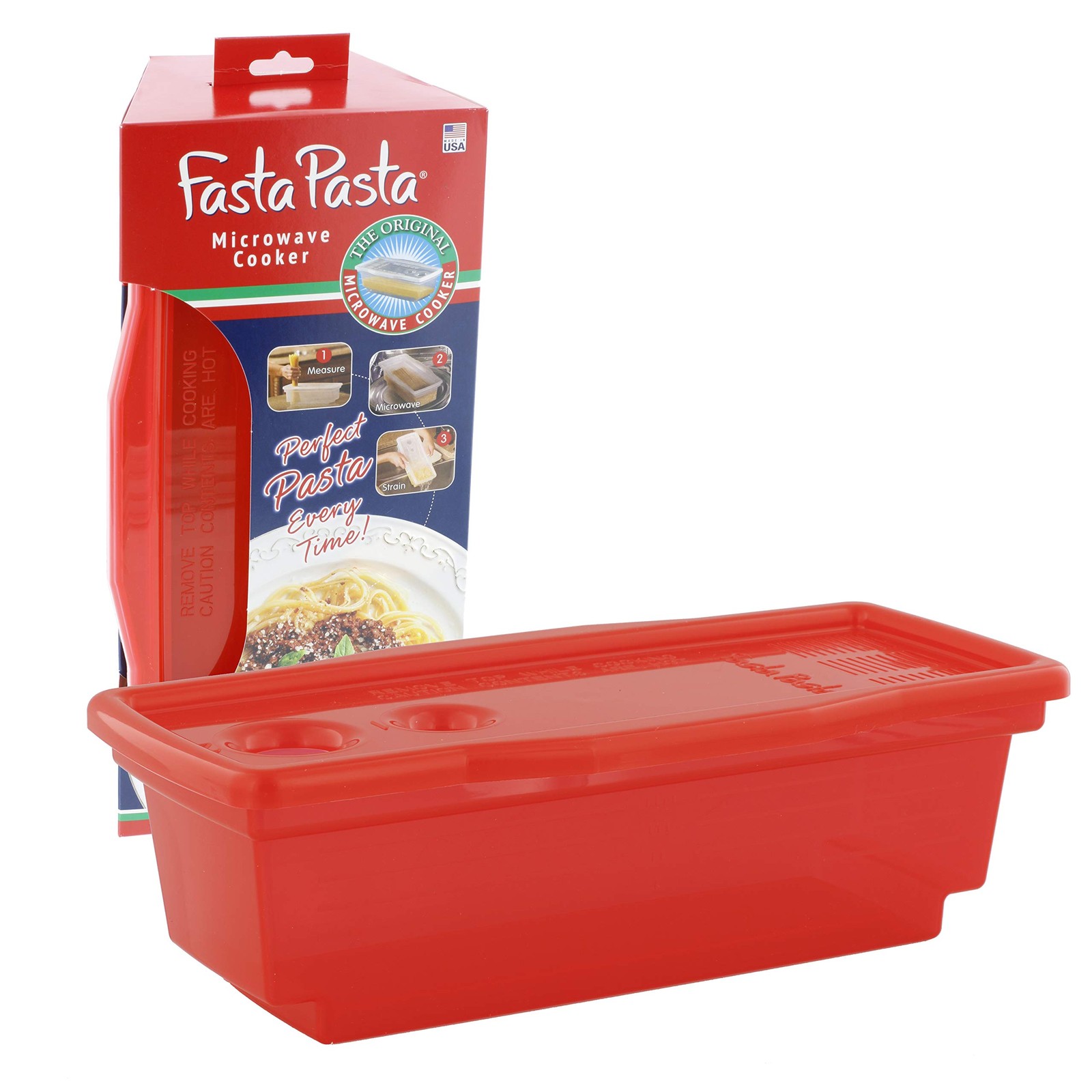 Original Microwave Pasta Cooker with Built-In Strainer, Red
