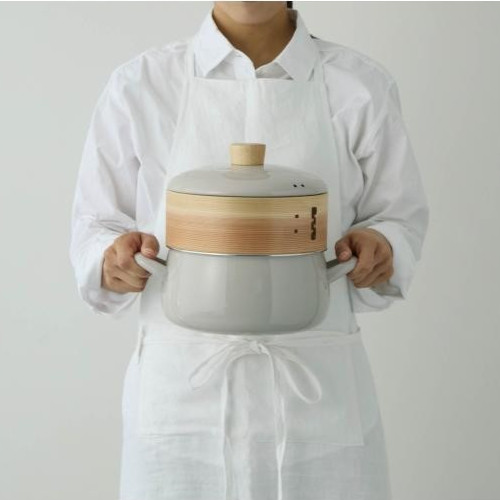 FUJIHORO Enamel Pot with Steamer Insert 7.8in & 7.0in White Greige JAPAN NEW