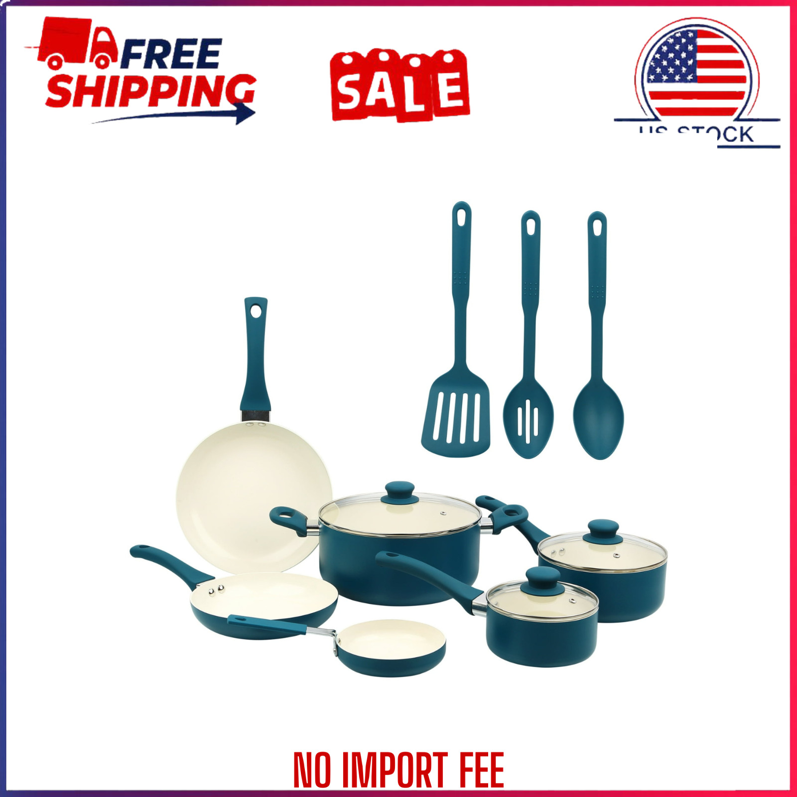 12-Piece Ceramic Nonstick Aluminum Cookware Set, Blue Pots & Pans